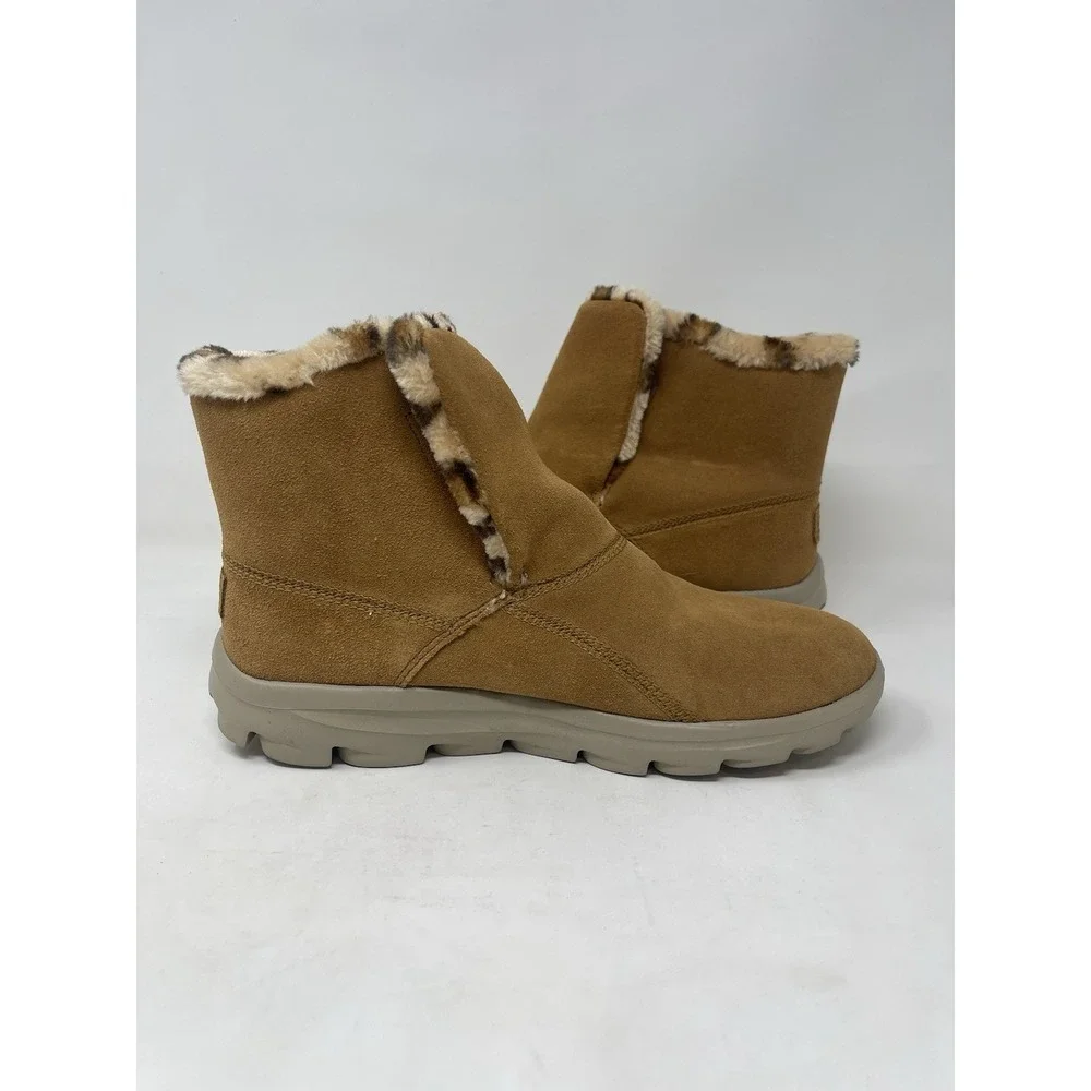 Skechers Boots Chestnut & Leopard Goga Mat On The Go Suede Faux Fur Lined Size 8